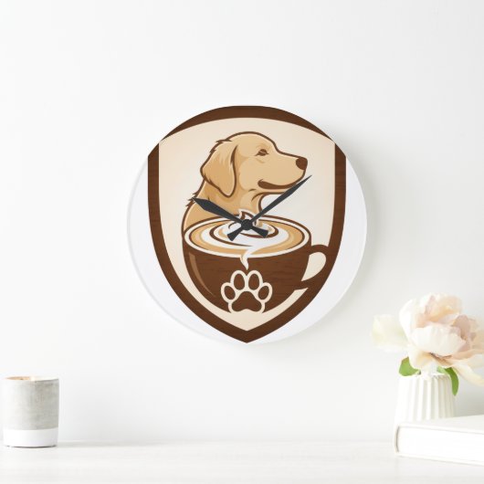 Rustic Coffee & Golden Retriever Shield Logo - Cof ラージ壁時計 (ホーム)