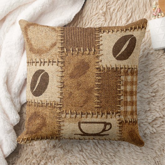 Rustic Coffee Patchwork Quilted Throw Pillow クッション (ブランケット)