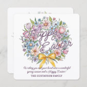 Rustic Colorful Floral Wreath With Yellow Bow シーズンカード (正面/裏面)