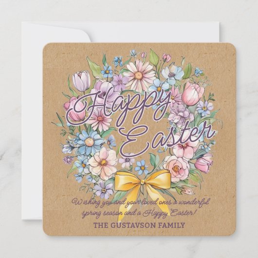 Rustic Colorful Floral Wreath With Yellow Bow シーズンカード (正面)