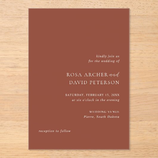 Rustic Copper Editorial Modern Wedding アクリル招待状 (正面)