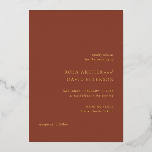 Rustic Copper Editorial Modern Wedding 箔招待状 (正面)