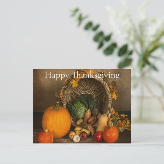 Rustic Cornucopia Harvest Thanksgiving Blessings シーズンポストカード (スタンド正面)