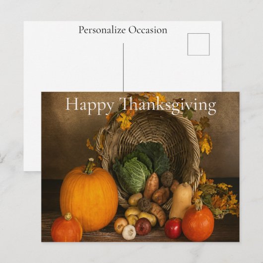 Rustic Cornucopia Harvest Thanksgiving Blessings シーズンポストカード (正面/裏面)