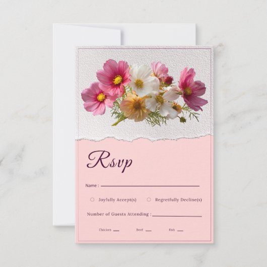 Rustic Cosmos Floral Plaster Torn Paper Wedding RS 出欠カード (正面)
