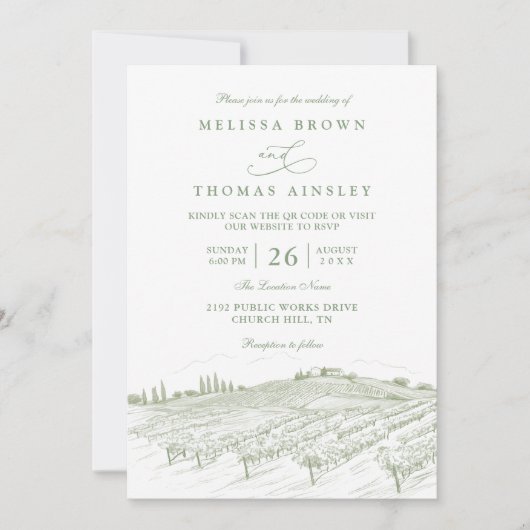 Rustic Country Art Line Elegant QR Code Wedding 招待状 (正面)