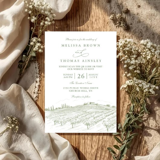 Rustic Country Art Line Elegant QR Code Wedding 招待状