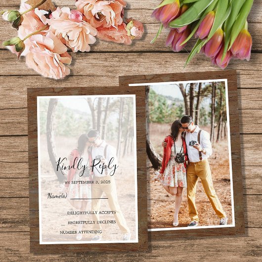Rustic country barn wood photo wedding RSVP 招待状