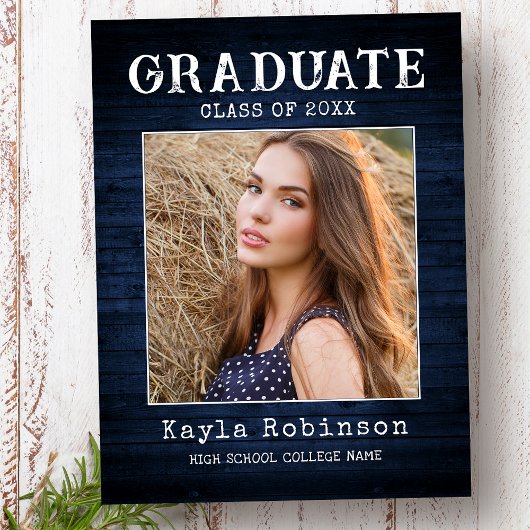 Rustic Country Blue Wood Plank Photo Graduation ポストカード