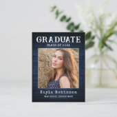 Rustic Country Blue Wood Plank Photo Graduation ポストカード (スタンド正面)