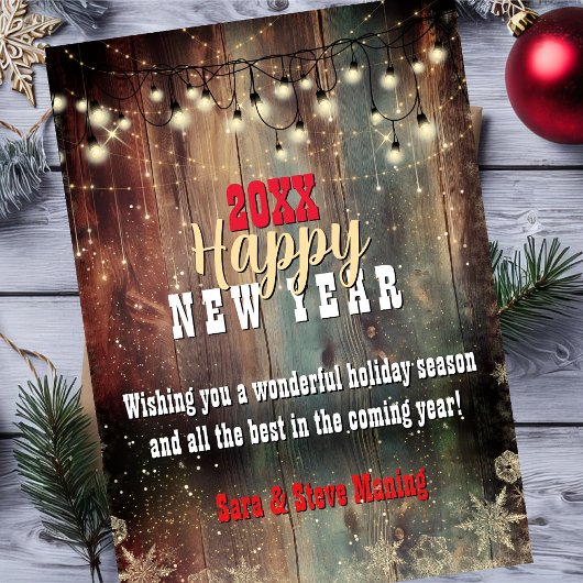 Rustic Country Christmas lights Happy New Year シーズンカード