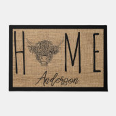 Rustic Country Cool Cow Faux Burlap Family Name ドアマット (正面)