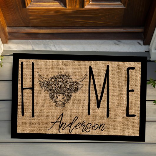 Rustic Country Cool Cow Faux Burlap Family Name ドアマット