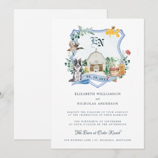 Rustic Country Farm | Barn Wedding Crest  招待状 (正面/裏面)