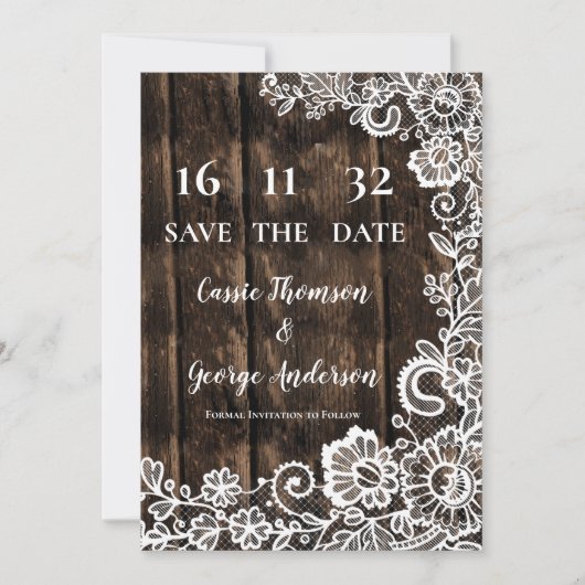 Rustic Country Lace Wood Wedding Save the Date (正面)