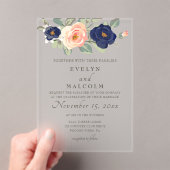 Rustic Country Navy Blue and Peach Floral Wedding アクリル招待状 (インサイチュ (ポータブル))