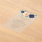 Rustic Country Navy Blue and Peach Floral Wedding アクリル招待状 (レイダウン)