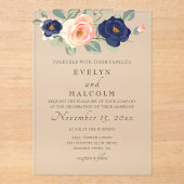 Rustic Country Navy Blue and Peach Floral Wedding アクリル招待状 (正面)
