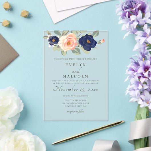 Rustic Country Navy Blue and Peach Floral Wedding アクリル招待状 (インサイチュ (ウェディング))