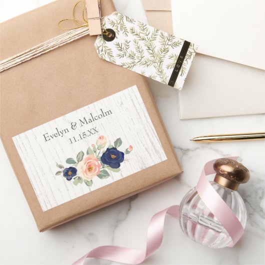 Rustic Country Navy Blue and Peach Floral Wedding  長方形シール (ギフト)