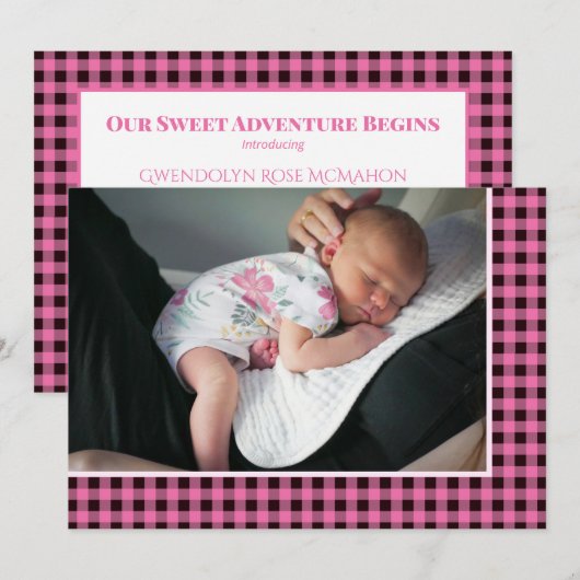 Rustic Country Pink Check Sweet Adventure Baby 案内状 (正面/裏面)
