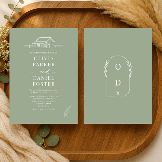 Rustic Country Ranch Line Art Sage Green Wedding 招待状