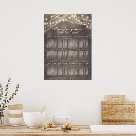 Rustic Country String Lights Wedding Seating Chart ポスター (キッチン)