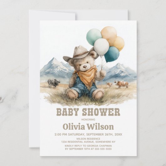 Rustic Country Teddy Bear Baby Shower Invitation 招待状 (正面)