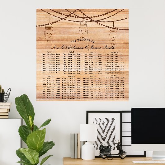 Rustic Country Wood & Mason Jars Wedding Seating ポスター (ホームオフィス)