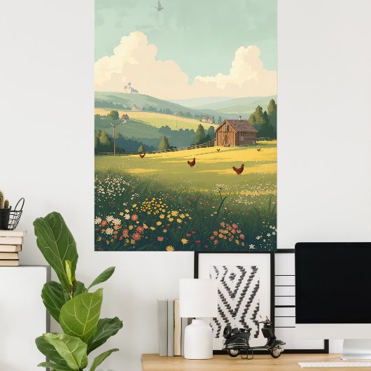 Rustic Countryside Cabin with Wildflowers ポスター (ホームオフィス)