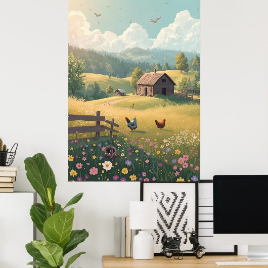 Rustic Countryside Cabin with Wildflowers  ポスター (ホームオフィス)