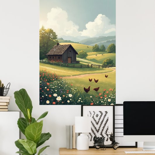 Rustic Countryside Cabin with Wildflowers ポスター (ホームオフィス)