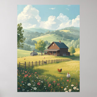 Rustic Countryside Cabin with Wildflowers  ポスター