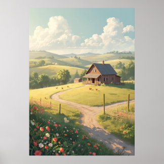 Rustic Countryside Cabin with Wildflowers  ポスター