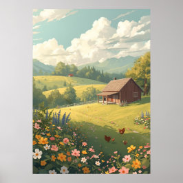 Rustic Countryside Cabin with Wildflowers  ポスター