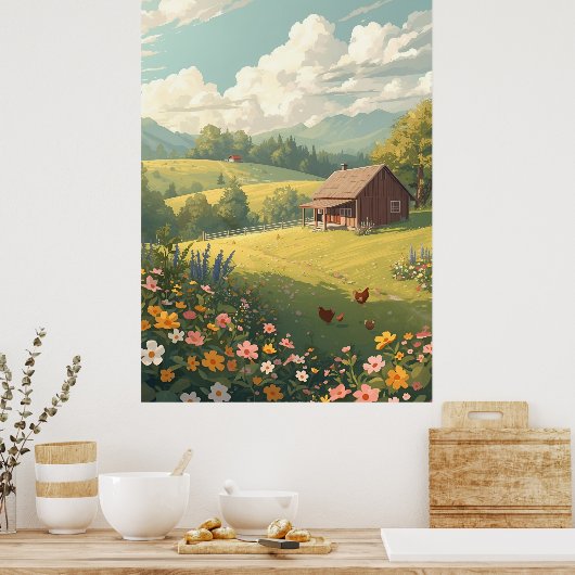 Rustic Countryside Cabin with Wildflowers  ポスター (キッチン)