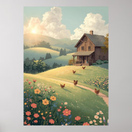 Rustic Countryside Cabin with Wildflowers  ポスター