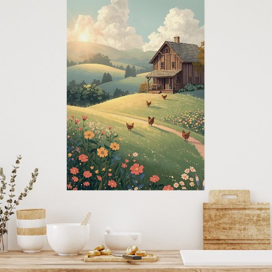 Rustic Countryside Cabin with Wildflowers ポスター (キッチン)