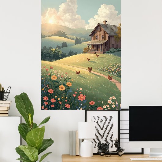 Rustic Countryside Cabin with Wildflowers  ポスター (ホームオフィス)