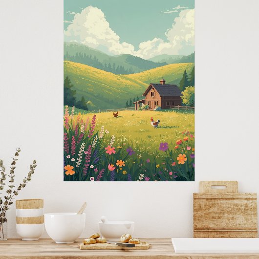 Rustic Countryside Cabin with Wildflowers  ポスター (キッチン)