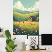 Rustic Countryside Cabin with Wildflowers  ポスター (ホームオフィス)