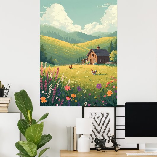 Rustic Countryside Cabin with Wildflowers ポスター (ホームオフィス)