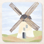 Rustic Countryside Windmill | Watercolor Painted スクエアペーパーコースター (正面)
