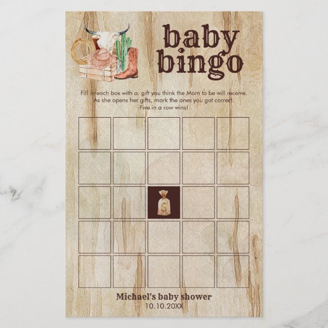 Rustic Cowboy Baby Shower Cactus Desert Bingo Game (正面)