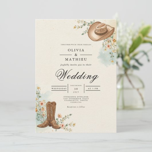 Rustic Cowboy Bloom Wedding 招待状 (スタンド正面)