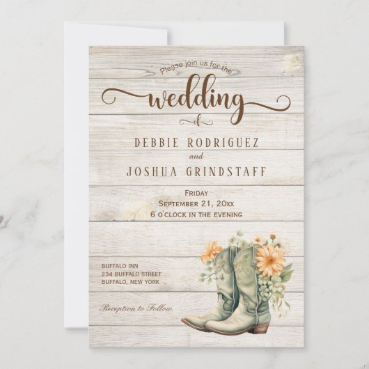 Rustic Cowboy Boots on Wood Wedding Invitation 招待状 (正面)