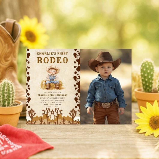 Rustic Cowboy First Rodeo 1st Birthday Photo 招待状