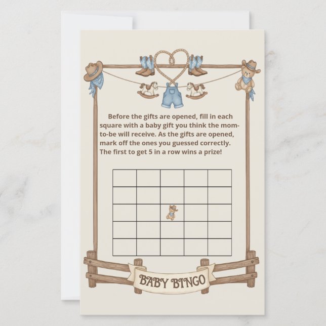 Rustic Cowboy Gift Bingo baby shower game (正面)