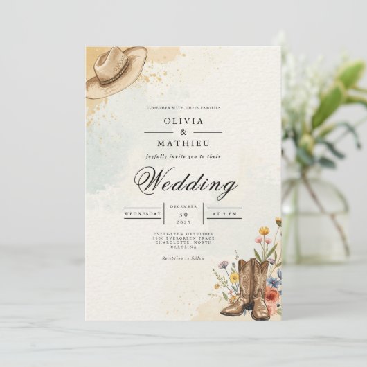 Rustic Cowboy Hat Bloom Wedding 招待状 (スタンド正面)