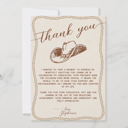  Rustic Cowboy Hat Photo Graduation Party Script サンキューカード (正面)